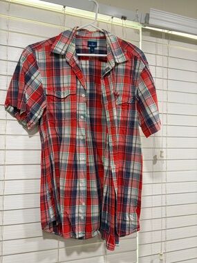 Old Navy Red Navy Plaid Short-Sleeve Button-Down Shirt - Men's